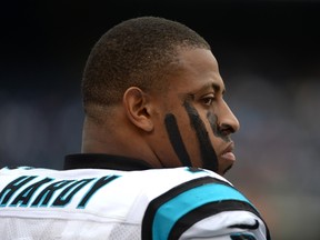 Greg Hardy of the Carolina Panthers looks on during the game against the San Diego Chargers on December 16, 2012 at Qualcomm Stadium in San Diego. (Donald Miralle/Getty Images/AFP)