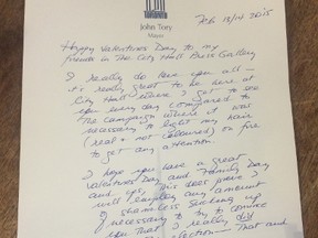 The Valentine letter Mayor John Tory sent to members of the City Hall press gallery on Feb. 13, 2015. (Don PeatéToronto Sun)