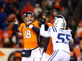 Denver Broncos quarterback Peyton Manning (18) throws a pass against the Indianapolis Colts in the 2014 AFC Divisional playoff football game at Sports Authority Field at Mile High. (Mark J. Rebilas/USA TODAY Sports)
