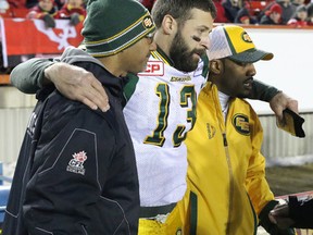 Eskimos quarterback Mike Reilly, seen here at the end of last season's western final, expressed surprise on twitter at the scheduling of the team's bye weeks this season. (QMI Agency)