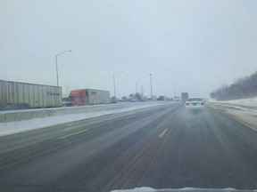 Eastbound traffic on Highway 401 was at a standstill just after noon, Saturday, Feb. 14. OPP photo