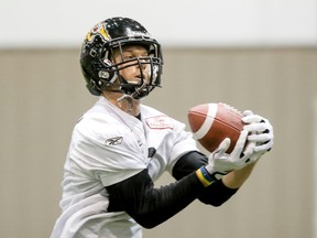 Newest RedBlack Greg Ellingson pulls in a pass during a practice in Moose Jaw, Sask., on Friday November 22, 2013. Lyle Aspinall/Calgary Sun/QMI Agency