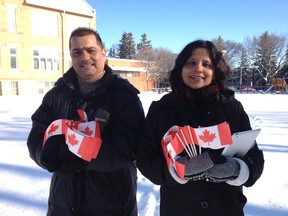 Sanjeev and Sangeeta Chawla created a tribute to the Canadian Flag  at Oliver School at 10227 118 Street in Edmonton for the flag's 50th anniversary on Saturday, Feb. 14, 2015.
