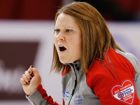 Northwest Territories skip Kerry Galusha reacts to her shot in their game against Northern Ontario during the Scotties Tournament of Hearts in Moose Jaw. (REUTERS/Todd Korol)