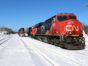 CN locomotives at the Gogama freight yard Sunday afternoon, February 15, 2015. Timmins Times LOCAL NEWS photo by Len Gillis.