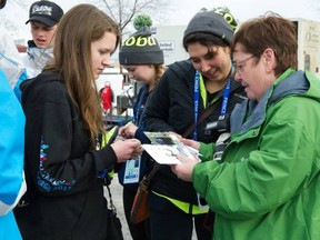 Manitoba short track speedskater Ashley Hannah (left) and coach Grace Boyd ask for directions from volunteers in Canada Games Plaza at the 2015 Canada Winter Games, which got underway Saturday in Prince George, B.C.
Sport Manitoba photo