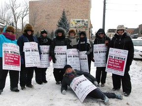 Care co-ordinators from the Oxford branch of the South West CCAC picketed in downtown Ingersoll on Feb. 3. (Megan Stacey/Sentinel-Review)