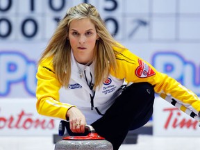 Manitoba skip Jennifer Jones delivers a shot during the Scotties Tournament of Hearts. (REUTERS/Todd Korol)