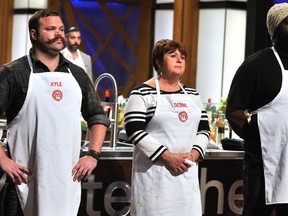 (Left to right) Kyle McKenna, Debbie McDonald and Kwasi Douglas were in the bottom three on Sunday's episode of "MasterChef Canada." McKenna and McDonald were both eliminated. (Image courtesy of CTV)