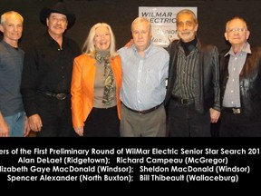 submitted photo: Winners of the first preliminary round of the 2015 WilMar Electric Senior Star Search include, from left, Alan DeLaet (Ridgetown), Richard Campeau (McGregor), Elizabeth Gaye MacDonald (Windsor), Sheldon MacDonald (Windsor), Spencer Alexander (North Buxton) and Bill Thibeault (Wallaceburg). There will be another preliminary this Friday (Feb. 20) and the finals will be held at the CBD Club on Feb. 27.