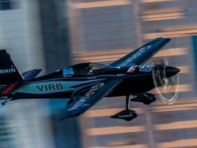 Canadian Red Bull Air Race pilot Pete McLeod performs during the finals of the first stage of the Red Bull Air Race World Championship in Abu Dhabi, United Arab Emirates on Feb. 14, 2015 (photo courtesy of Red Bull Air Race).