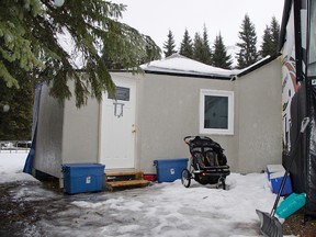 ESRD officers consider semi-permanent shacks attached to trailers, like the one above, as unauthorized. Almost 10 trailers, a handful of trucks and vans, a yurt with solar panels and various pieces of lawn furniture and camping equipment were scattered throughout the Castle Special Management Area south of the ski resort. Officers served notices to vacate the area last week. John Stoesser photos/QMI Agency.