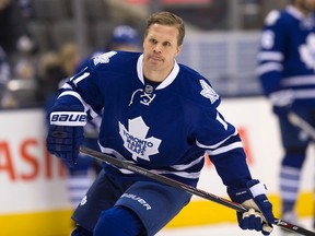 Olli Jokinen of the Toronto Maple Leafs gets ready for his debut as a Leaf against the  Florida Panthers during NHL action at the Air Canada Centre  on Feb. 17, 2015. (CRAIG ROBERTSON/Toronto Sun)