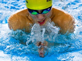 Brandon Ryu, 14 of Banting swims the breaststroke leg of the open boys 200-metre medley relay at the WOSSAA meet at the Canada Games Aquatic Centre on Tuesday. (MIKE HENSEN, The London Free Press)