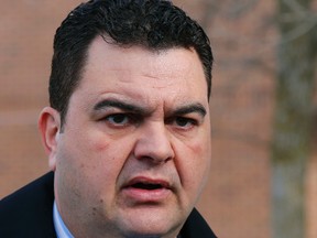 Former MP Dean Del Mastro who is in Peterborough court for sentencing on Elections Canada charges talks with journalists on Tuesday, Jan. 27, 2015. He was found guilty last fall of overspending in the 2008 campaign and attempting to cover it up. Clifford Skarstedt/Peterborough Examiner/QMI Agency