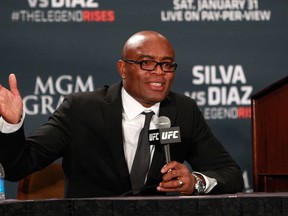 Anderson Silva speaks at a postfight news conference after a middleweight fight against Nick Diaz during UFC 183 at the MGM Grand Garden Arena on January 31, 2015 in Las Vegas, Nevada. (Steve Marcus/Getty Images/AFP)