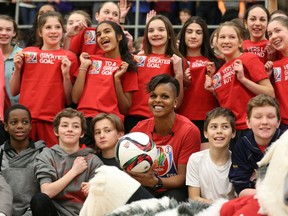 Women's National Team goalkeeper Karina LeBlanc, part of Canada's bronze medal-winning soccer team at the 2012 London Olympics, visited with students at Fisher Park Public School Wednesday ahead of this summer's FIFA Women's World Cup, which is being hosted in various Canadian cities. (Chris Hofley/Ottawa Sun)