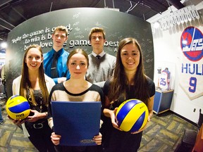 The Manitoba High School Athletic Association awarded the Dr. Dale Iwanoczko Memorial volleyball Scholarship to five volleyball players at a presentation ceremony at the Manitoba Sports Hall of Fame in Winnipeg, Man., on Wed., Feb. 18, 2015. Back Row: Seth Friesen (Vincent Massey Vikings) and Ryan Bergen (St. Paul's Crusaders). Front Row: Rylie Dickson (Killarney Raiders), Miaya Westwood (Mennonite Brethren Hawks) and Kierstin Fey (Lord Selkirk Royal). These $1,000 scholarships are awarded annual in memory of Selkirk volleyball player, Iwanoczko. (Brook Jones/QMI Agency)