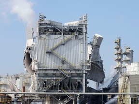 Refinery units are heavily damaged after an explosion at the Exxon Mobil refinery in Torrance, Calif., Feb. 18, 2015. (BOB RIHA JR./Reuters)