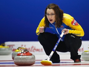 Val Sweeting calls out instructions during action Wednesday at the Scotties Tournament of Hearts in Moose Jaw, Sask. (Reuters)