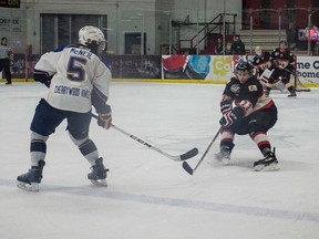 Joseph Nardi , Whitecourt Wolverines forward, misses a pass during an AJHL game at the Scott Safety Centre on Wednesday February 18, 2015 in Whitecourt, Alta.  The Oil Barons defeated the Wolverines 4-3 in overtime. Adam Dietrich/Whitecourt Star/QMI Agency