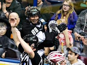 Edmonton Rush forward Zack Greer celebrates a goal against the Colorado Mammoth at Rexall Place on Sunday. Greer led the team with 13 points on the way to sweeping the home-and-away weekend series to claim first place in the West Division. (Codie McLachlan, Edmonton Sun)