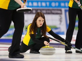 Sudbury native and Northern Ontario skip Tracy Horgan delivers her shot against British Columbia during the Scotties Tournament of Hearts in Moose Jaw, Saskatchewan, on Wednesday, February 18, 2015.