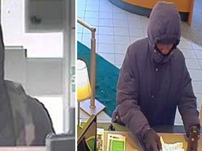 Ottawa Police are offering the maximum award available under the Crimestoppers program as they try to nab suspects in two armed robberies. At right, the suspect in a Feb. 5 robbery on Montreal. At left, the suspect in a Feb. 8 robbery along St. Laurent Blvd. (OTTAWA POLICE photos)