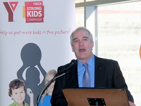 Jim Janzen, president and CEO of YMCAs across Southwestern Ontario, speaks about the annual Strong Kids fundraising campaign at the Jerry McCaw Family Centre in Sarnia on Thursday morning. The local 2015 Strong Kids campaign goal is $202,000. (TERRY BRIDGE/THE OBSERVER)