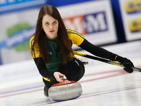 Northern Ontario skip Tracy Horgan delivers a shot in their game against Ontario during the Scotties Tournament of Hearts in Moose Jaw, Saskatchewan, on Thursday, February 19, 2015.