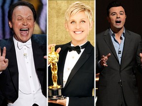 (L-R) Billy Crystal, Ellen DeGeneres and Seth MacFarlane. (Reuters file photos)