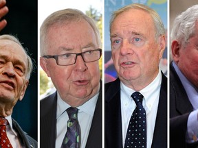 Former Prime Ministers Jean Chretien, Joe Clark, Paul Martin and John Turner. (Dave Thomas/QMI Agency, JIM WELLS/QMI AGENCY, Clifford Skarstedt/QMI AGENCY, REUTERS/Chris Wattie)