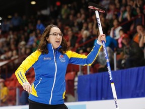 Alberta skip Val Sweeting celebrates after defeating Team Canada during the Scotties Tournament of Hearts in Moose Jaw, Sask., on Thursday, Feb. 19, 2015. (Todd Korol/Reuters)