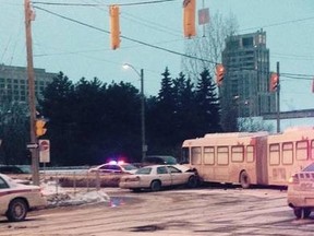 Four people were taken to hospital after they were injured in a crash on Laurier Ave. involving a car and an OC Transpo bus on Thursday afternoon. MATT SMITH/SUBMITTED PHOTO