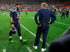 The stunned look on Russell Wilson’s face after throwing a last-second INT in the Super Bowl — has not left his face yet. (USA TODAY SPORTS)