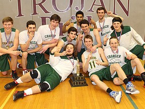 The Centennial Chargers celebrate their Bay of Quinte senior boys basketball championship victory Thursday night in Ken Smith Gym at MSS. (Submitted photo)