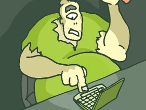 Cartoon illustration of a troll in front of the computer trol...