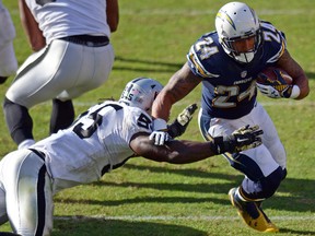 Chargers running back Ryan Mathews (right) runs the ball as Raiders outside linebacker Sio Moore (left) defends during NFL action in San Diego on Nov. 16, 2014. (Jake Roth/USA TODAY Sports)