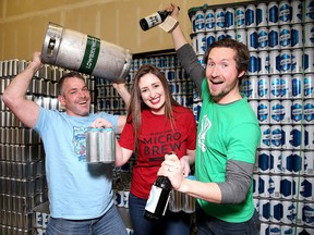 Gino Donato/The Sudbury Star
Shawn Mailloux, the "Boss Man", Ashley McCarvell, "Mo", and Rob Majury, "Turbo", of Stack Brewing, prepare for the Northern Ontario Microbrew Festival. The event takes place Saturday at the Grand Nightclub, 28 Elgin St., from 1 to 10 p.m.
Tickets cost $30 and include a Stack glass and stubs for two samples. They are on sale at Stack Brewing, 1350 Kelly Lake Rd.; Pluckers Beer Market, 2040 Algonquin Rd.; and Fromagerie Elgin, 80 Elgin St.
