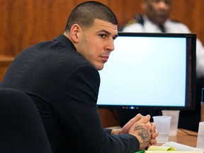 Former NFL player Aaron Hernandez listens during his murder trial at the Bristol County Superior Court in Fall River, Massachusetts, February 17, 2015. (REUTERS/Dominick Reuter)