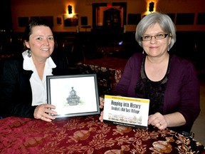 Artist Cheryl Radford (left) and author Kym Wolfe at the Aeolian Hall in London Ont. Feb. 18, 2015. Radford and Wolfe have collaborated on a book — Hopping Into History, London’s Old East Village — celebrating the history of Old East Village. CHRIS MONTANINI\LONDONER\QMI AGENCY