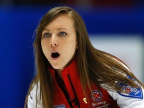Team Canada skip Rachel Homan reacts to her shot in her game against Alberta during the Scotties Tournament of Hearts in Moose Jaw, Saskatchewan, February 19, 2015. (REUTERS/Todd Korol)