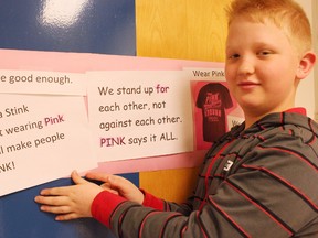 Darian Johnson, a student at Blueberry School in Parkland County, is getting ready for Pink Shirt Day. Johnson posted his original message on a Pink Shirt Day poster on Feb. 17. His message reads, “Raise a stink about wearing pink. It will make people think,” and is in support of the anti-bullying campaign that will be recognized on Feb. 25. - Karen Haynes, Reporter/Examiner