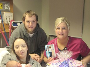 Baby Rylie Osborne with her parents Rachel Rhea and Brad Osborne, and RPN Jolene Hathaway of the CKHA.
(Submitted photo)