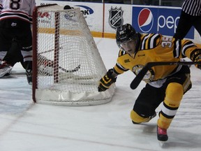 Nikita Korostelev celebrates his first-period power-play goal against the Owen Sound Attack on Friday at RBC Centre. Korostelev's 19th of the season opened the scoring midway through the period. (TERRY BRIDGE/THE OBSERVER)