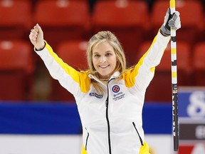 Manitoba skip Jennifer Jones celebrates her win over Alberta during the Page 1-2 playoff game at the Scotties Tournament of Hearts in Moose Jaw, Sask., on Friday, Feb. 20, 2015. (Todd Korol/Reuters)