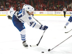 Leafs winger Phil Kessel breaks his stick during Friday's game against Carolina. (USA TODAY SPORTS)
