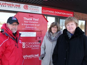 Sarnia-Lambton's branch of the Canadian Diabetes Association has merged under one roof with the branch's Clothesline used clothing collection program. Pictured at the new 940 Murphy Rd. location are, from left, driver Tony Dowswell, office clerk Sharon Melville, and manager Torie Smith. TYLER KULA/ THE OBSERVER/ QMI AGENCY