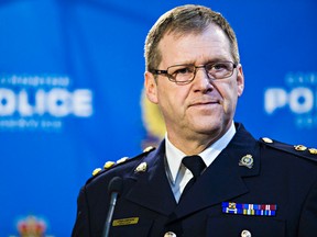 Edmonton Police Service Deputy Chief Brian Simpson speaks to the media at Edmonton Police Service headquarters in Edmonton, Alta., on Sunday, Feb. 22, 2015. RCMP and EPS spokespeople were on hand to comment after Somalia-based terror group al Shabaab called for attacks on western shopping malls, including West Edmonton Mall. Codie McLachlan/Edmonton Sun/QMI Agency