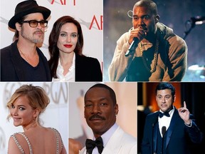Clockwise from top left: Brad Pitt and Angelina Jolie, rapper Kanye West, late-night host Jimmy Kimmel, comedian Eddie Murphy and Hunger Games star Jennifer Lawrence. Reuters Files.